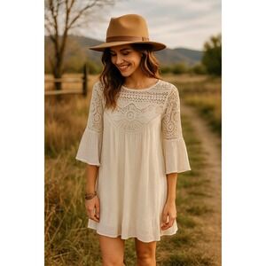 Ivory Crochet Lace Bell Sleeve Mini Dress Boho Festival Small